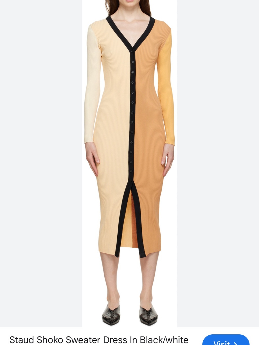 STAUD Two-Tone Ribbed Button-Front Sweater Dress in Cream & Tan